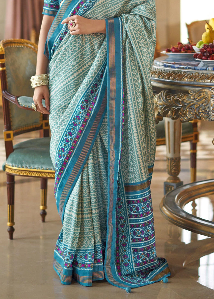 Shades Of Blue Silk Saree with Traditional Double Ikat Print