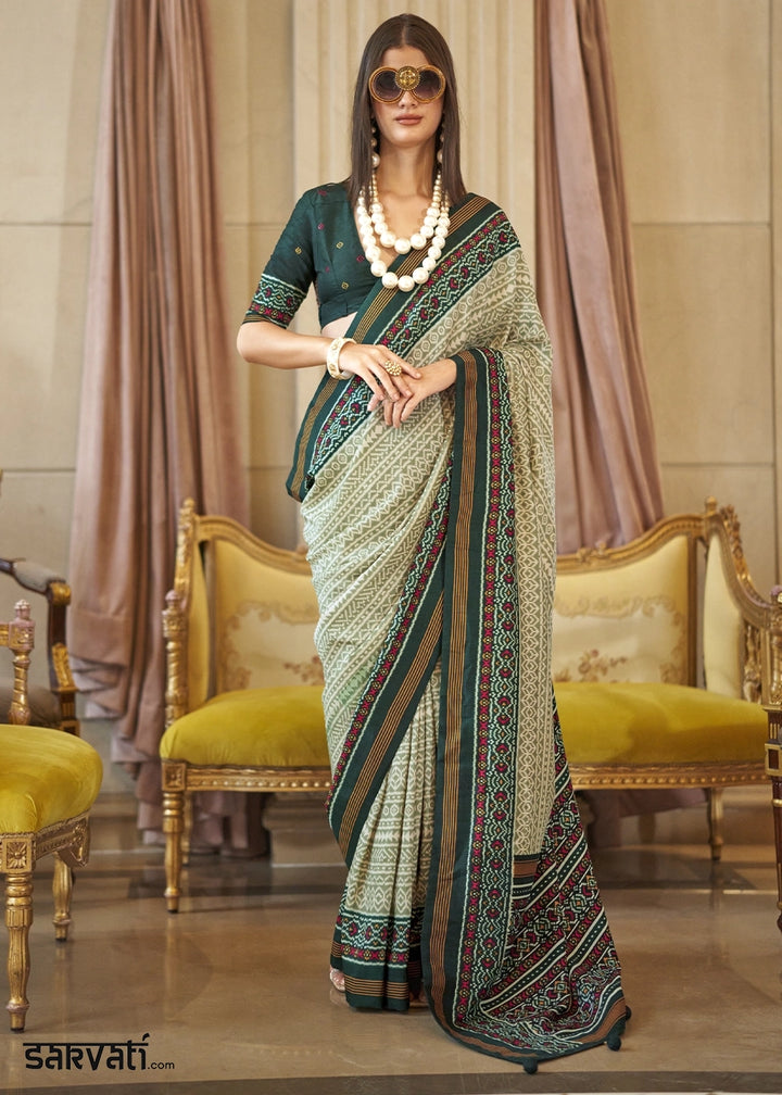 Shades Of Green Silk Saree with Traditional Double Ikat Print