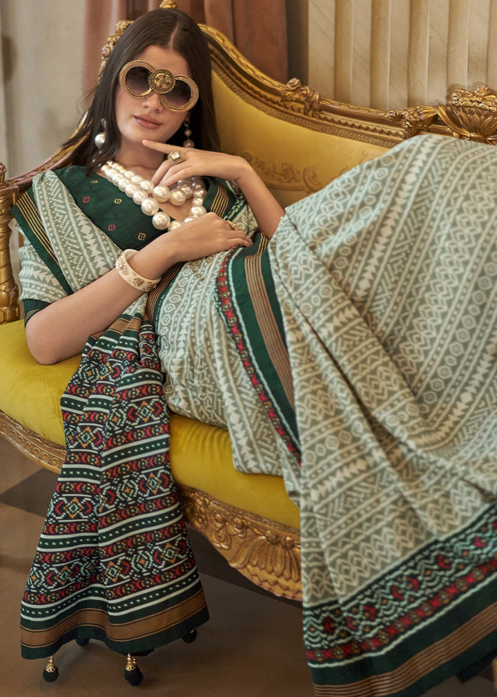 Shades Of Green Silk Saree with Traditional Double Ikat Print