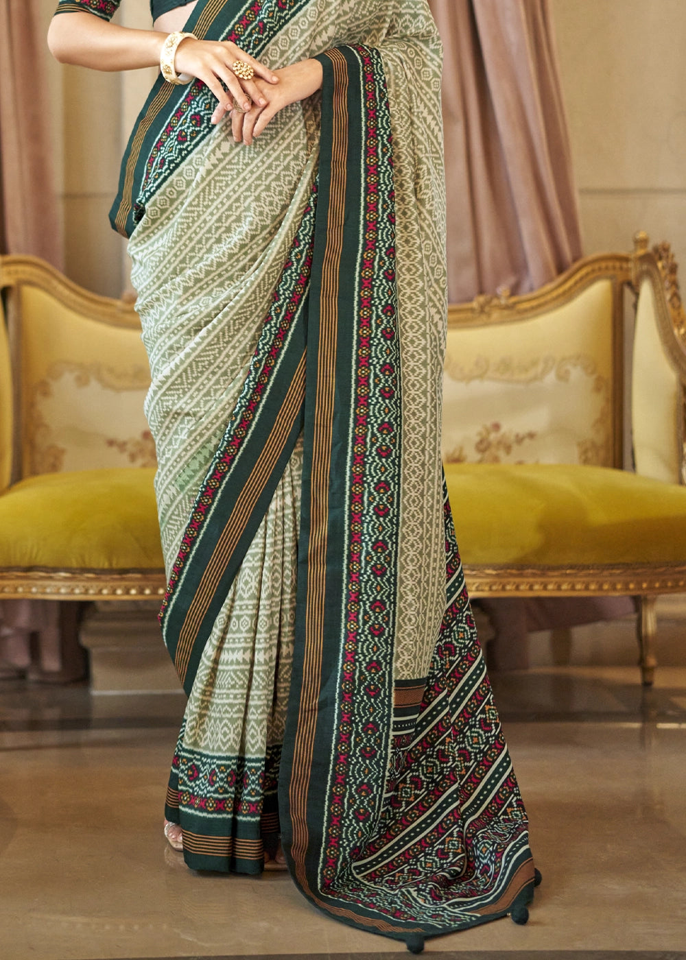 Shades Of Green Silk Saree with Traditional Double Ikat Print