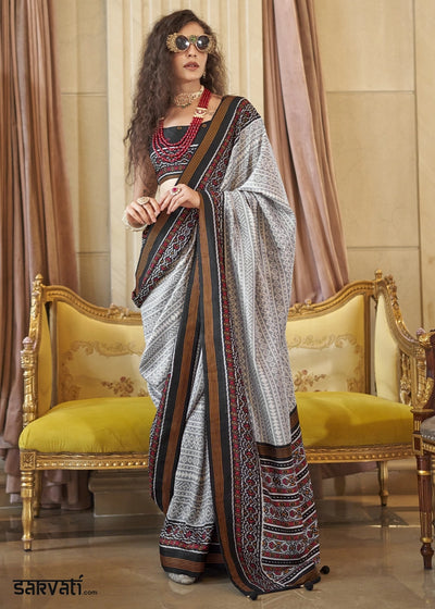 Grey & Black Silk Saree with Traditional Double Ikat Print