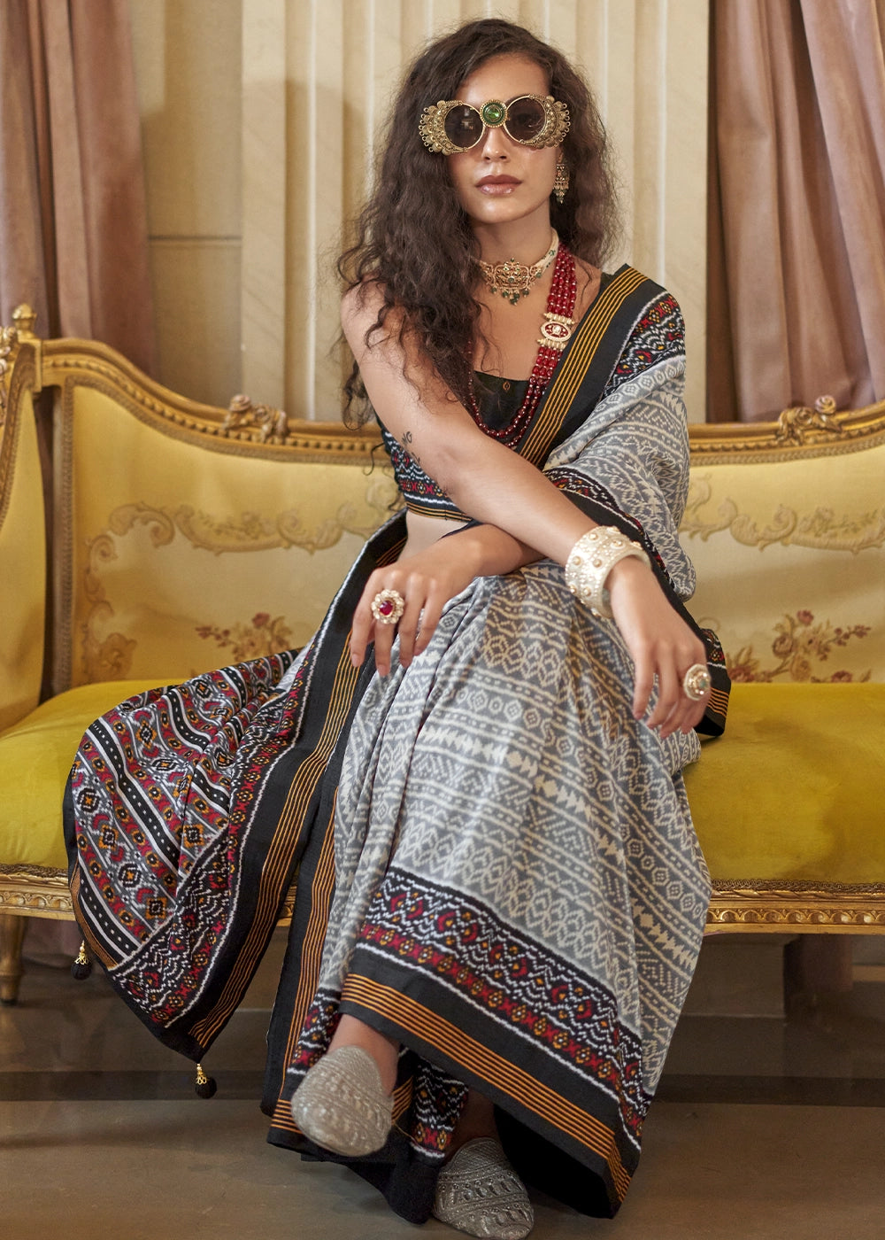 Grey & Black Silk Saree with Traditional Double Ikat Print