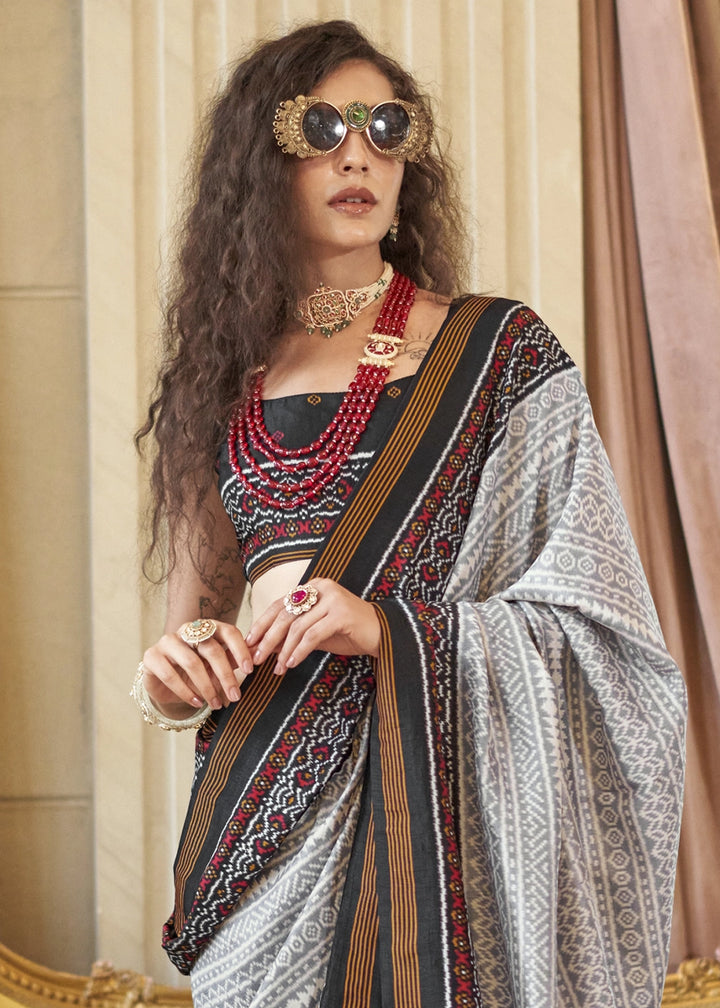 Grey & Black Silk Saree with Traditional Double Ikat Print
