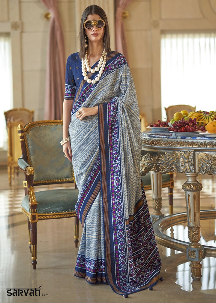 Shades Of Blue Silk Saree with Traditional Double Ikat Print