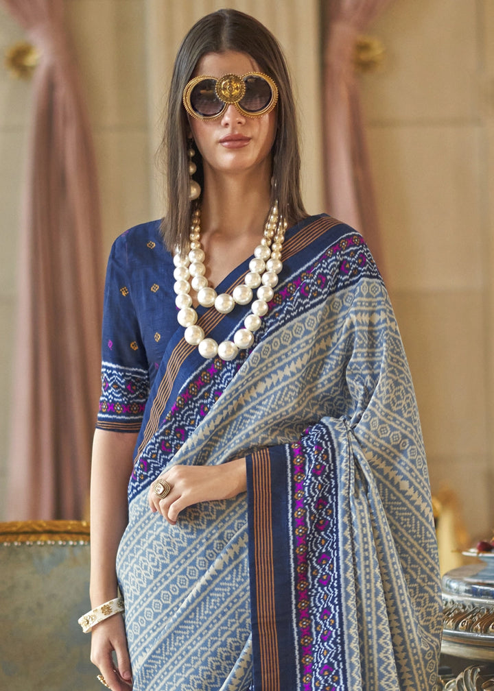 Shades Of Blue Silk Saree with Traditional Double Ikat Print