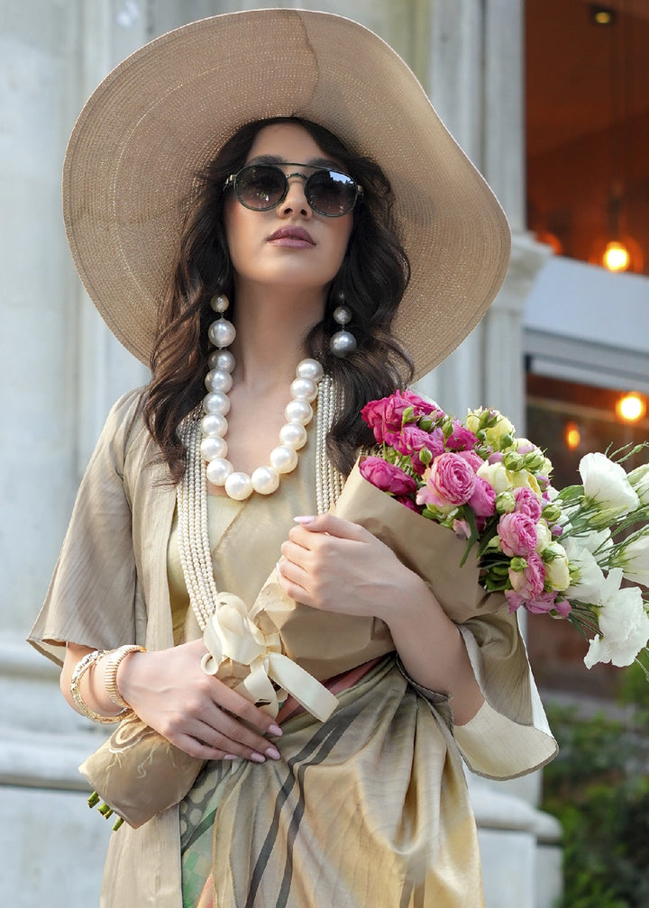 Beige Brown Silk Saree with Contemporary Abstract Print