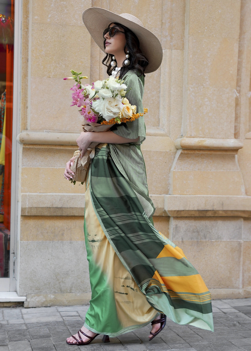 Shades Of Green Silk Saree with Contemporary Abstract Print