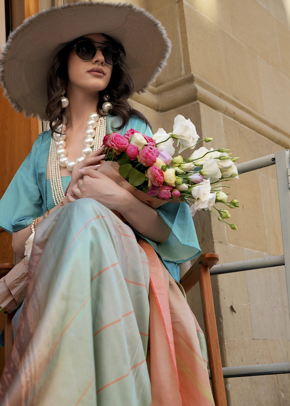 Blue & Orange Silk Saree with Contemporary Abstract Print