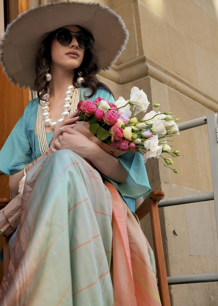 Blue & Orange Silk Saree with Contemporary Abstract Print
