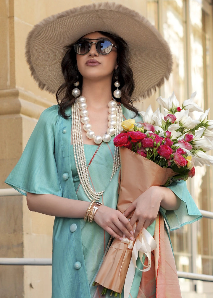 Blue & Orange Silk Saree with Contemporary Abstract Print