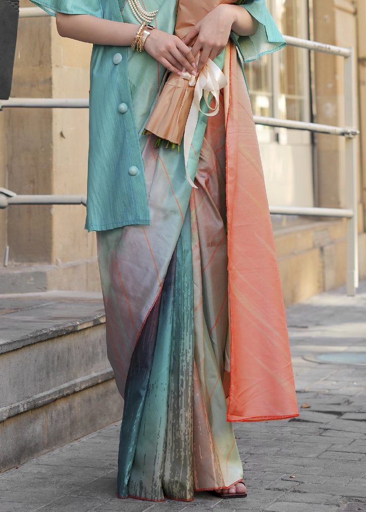 Blue & Orange Silk Saree with Contemporary Abstract Print