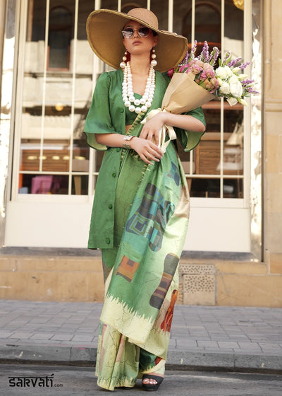 Shades Of Green Silk Saree with Contemporary Abstract Print