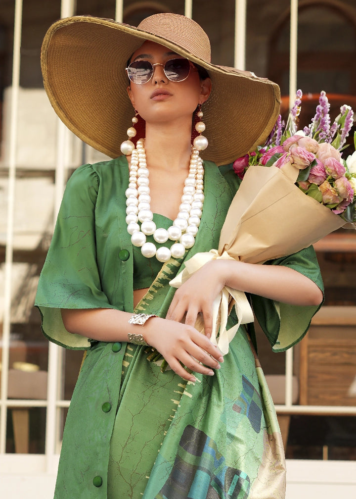 Shades Of Green Silk Saree with Contemporary Abstract Print