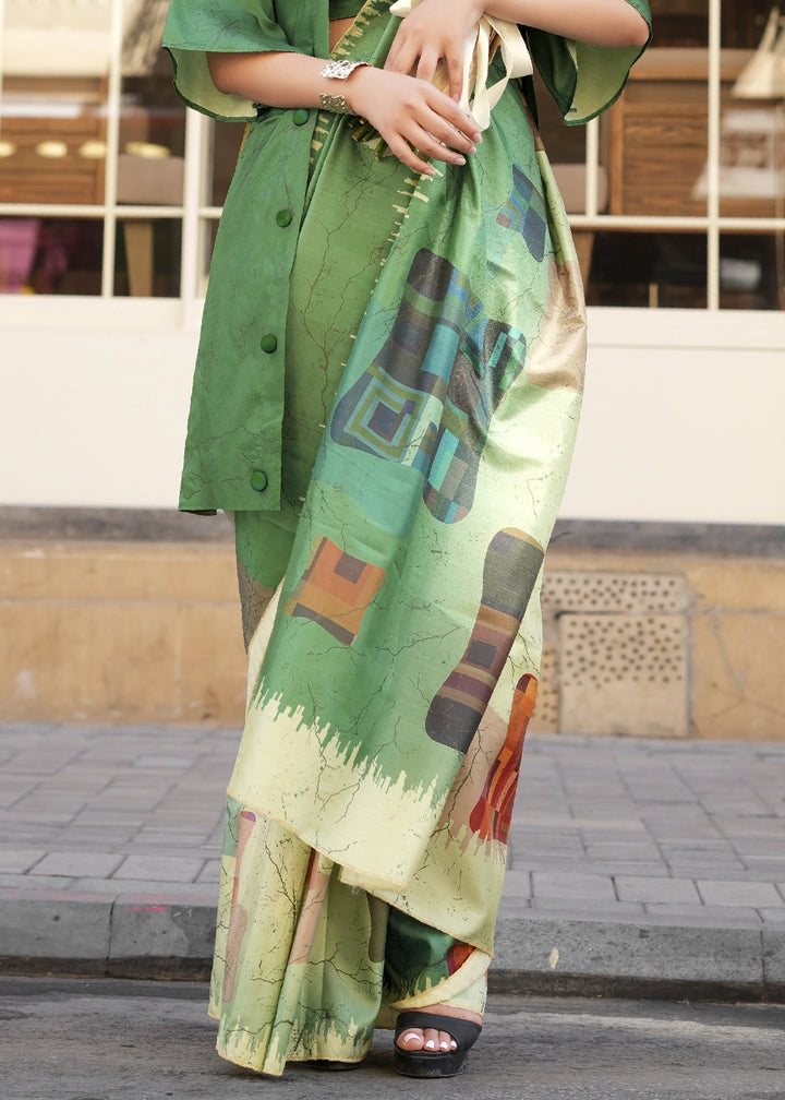 Shades Of Green Silk Saree with Contemporary Abstract Print