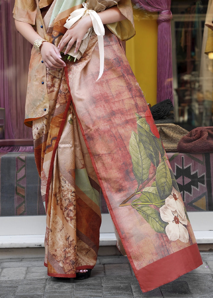 Shades Of Orange Silk Saree with Contemporary Abstract Print