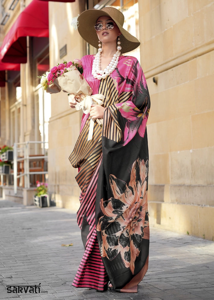 Black & Pink Silk Saree with Contemporary Abstract Print