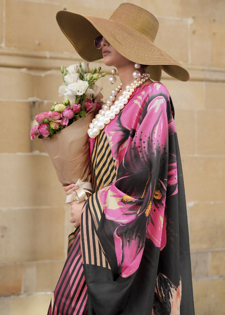 Black & Pink Silk Saree with Contemporary Abstract Print