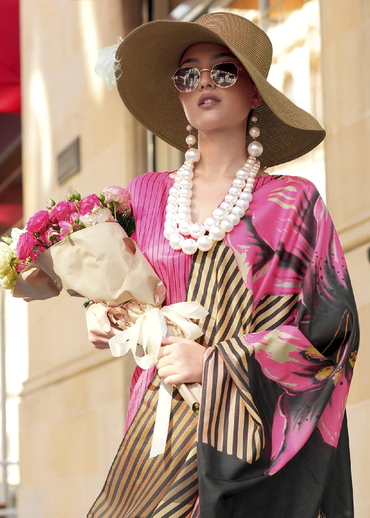 Black & Pink Silk Saree with Contemporary Abstract Print
