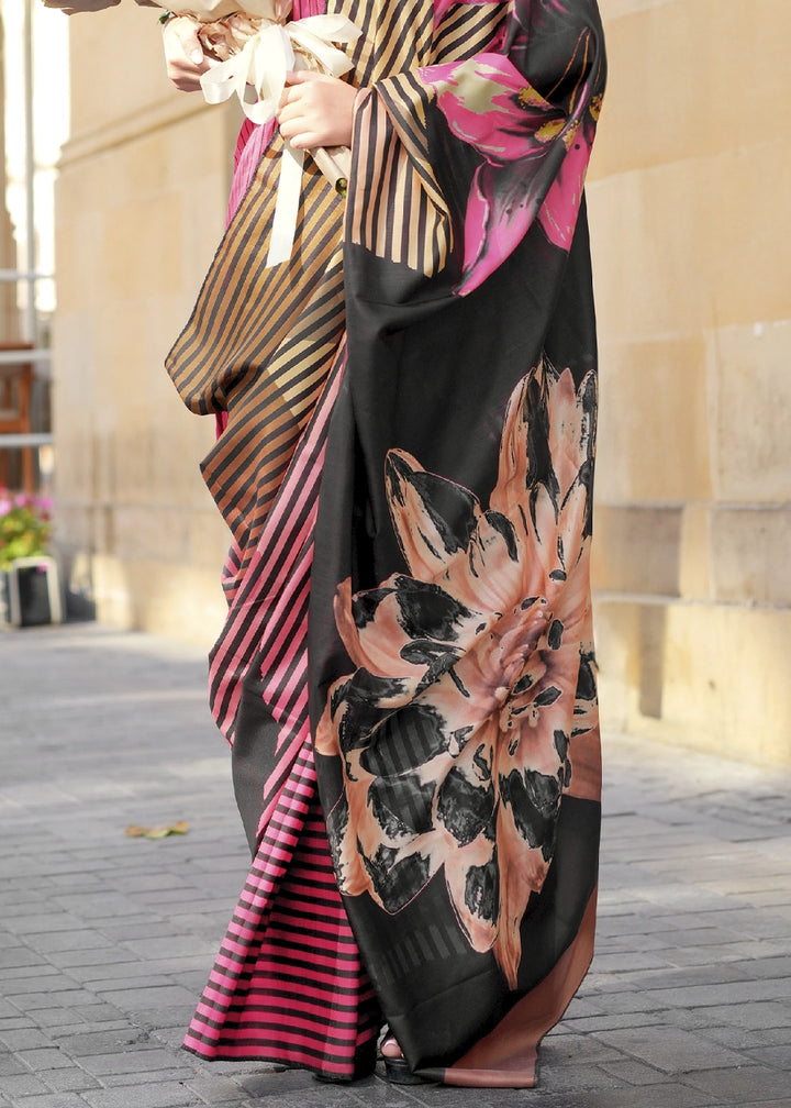 Black & Pink Silk Saree with Contemporary Abstract Print