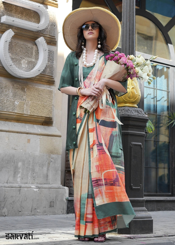 Cream White Silk Saree with Contemporary Abstract Print