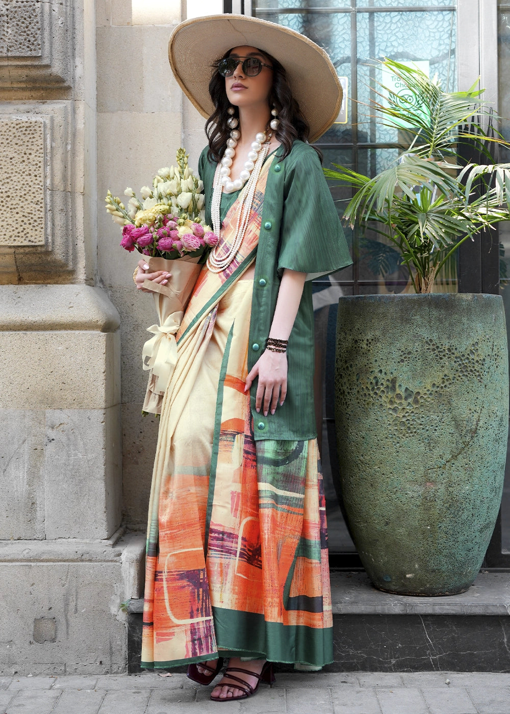 Cream White Silk Saree with Contemporary Abstract Print