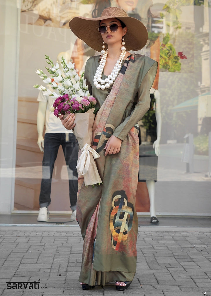 Greenish Grey Silk Saree with Contemporary Abstract Print