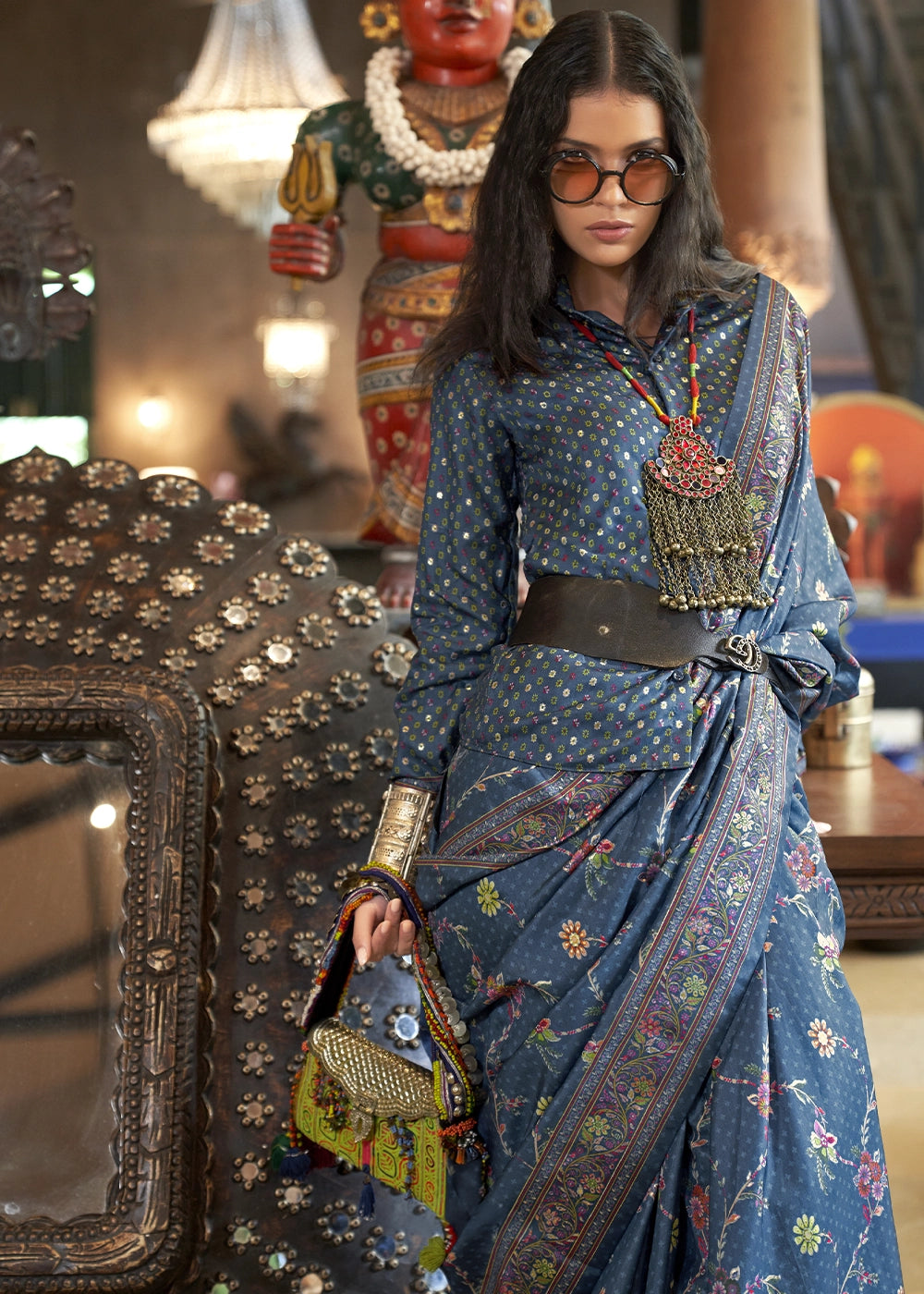 Steel Blue Silk Saree with All-Over Floral Design