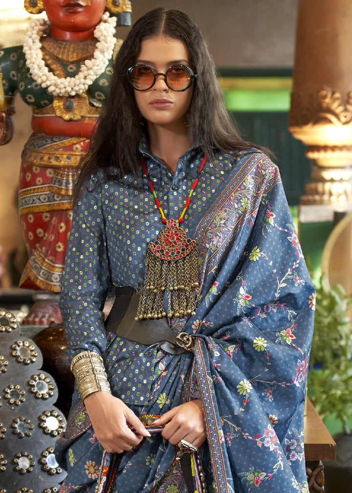 Steel Blue Silk Saree with All-Over Floral Design