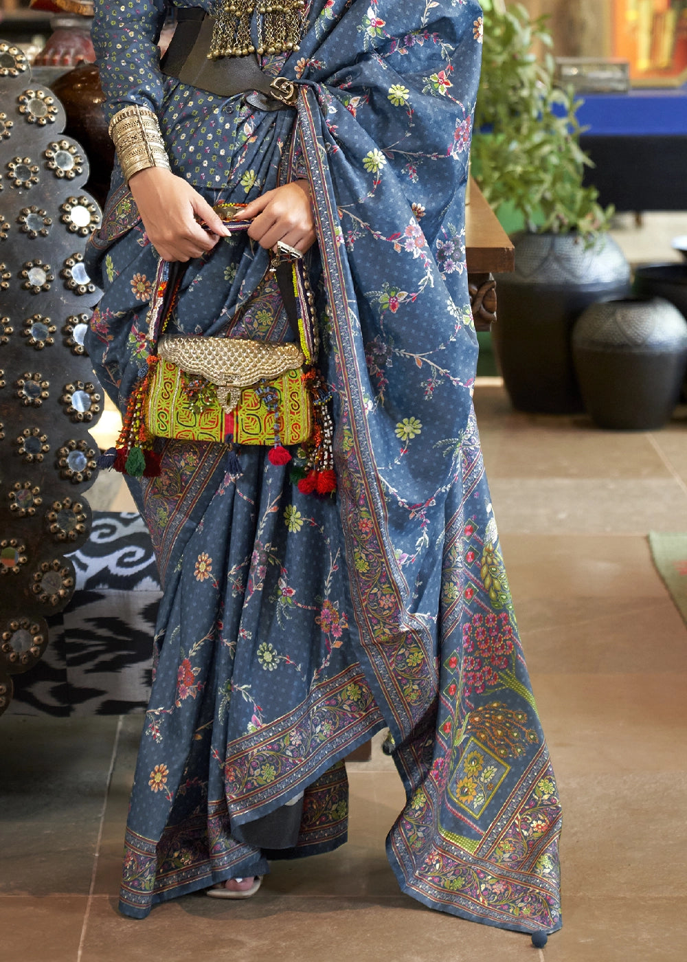 Steel Blue Silk Saree with All-Over Floral Design