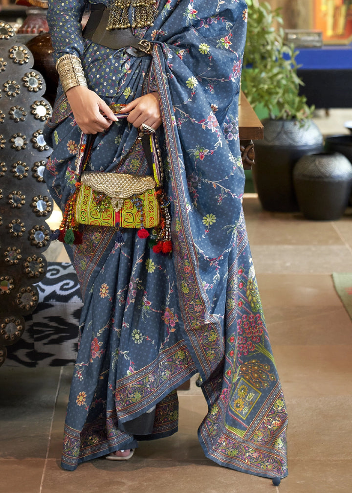 Steel Blue Silk Saree with All-Over Floral Design
