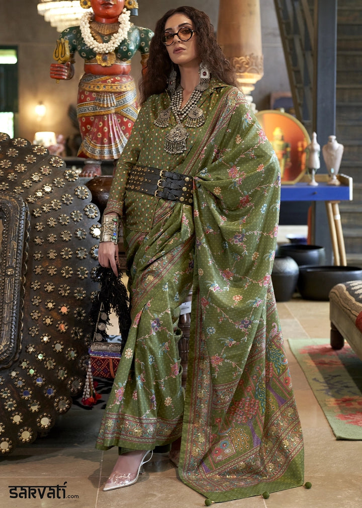 Avocado Green Silk Saree with All-Over Floral Design