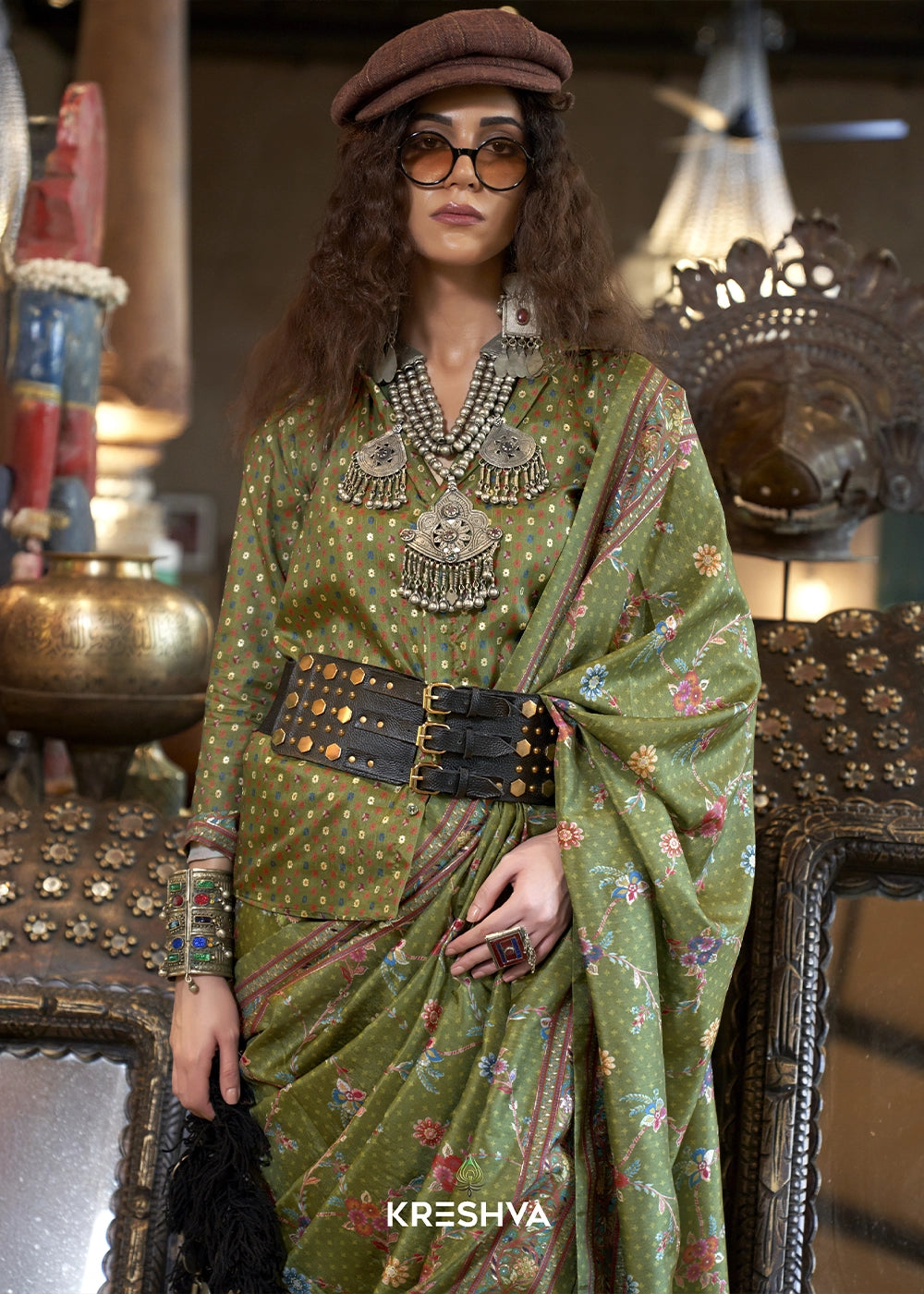 Avocado Green Silk Saree with All-Over Floral Design