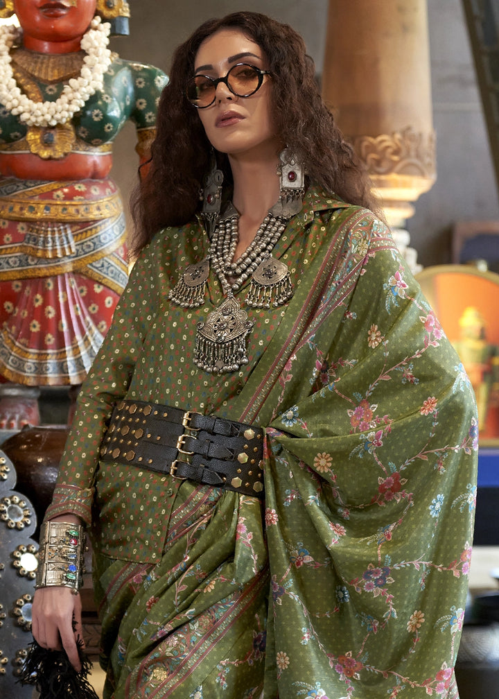 Avocado Green Silk Saree with All-Over Floral Design