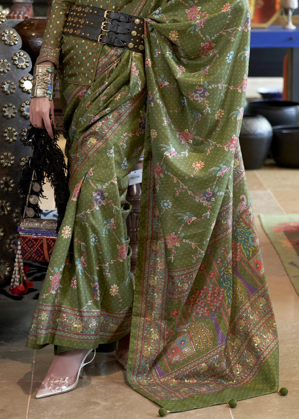 Avocado Green Silk Saree with All-Over Floral Design