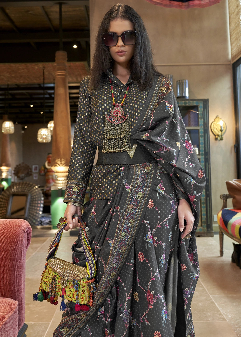 Charcoal Black Silk Saree with All-Over Floral Design