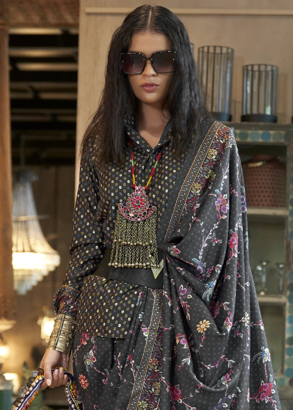 Charcoal Black Silk Saree with All-Over Floral Design