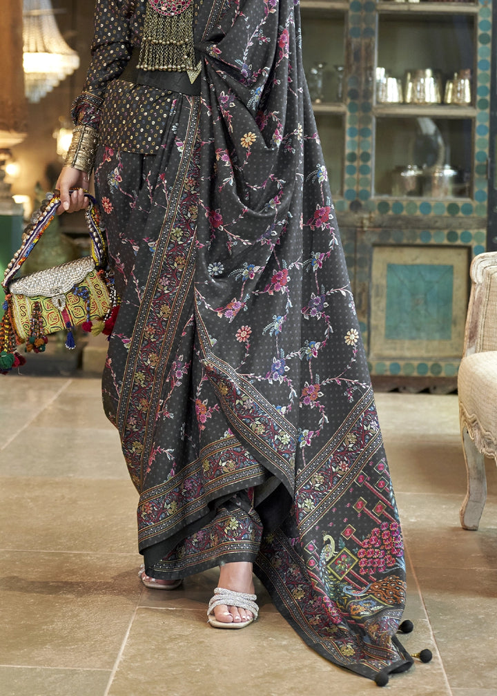 Charcoal Black Silk Saree with All-Over Floral Design