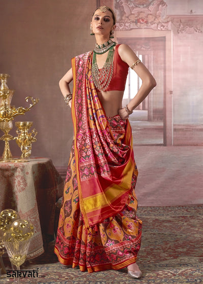 Mustard Yellow & Red Patan Patola Printed Silk Saree