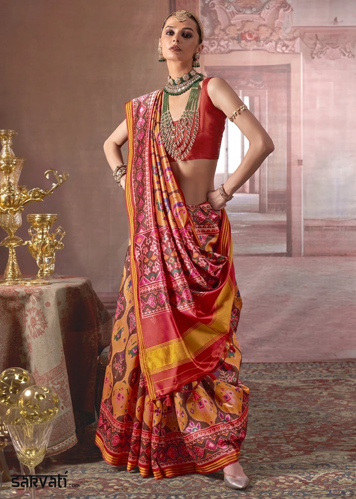 Mustard Yellow & Red Patan Patola Printed Silk Saree