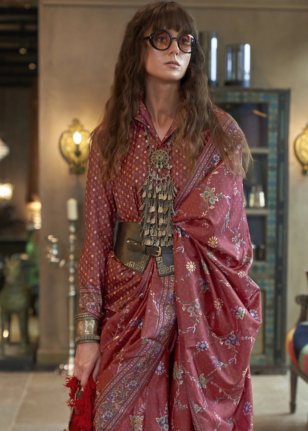 Steel Blue Silk Saree with All-Over Floral Design