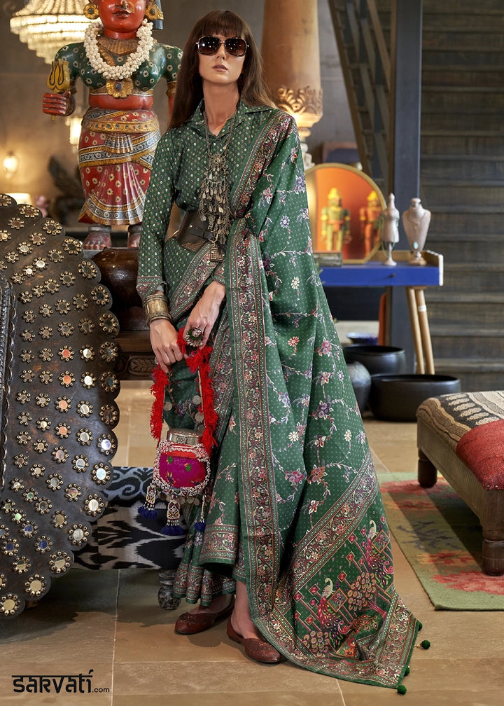 Sea Green Silk Saree with All-Over Floral Design