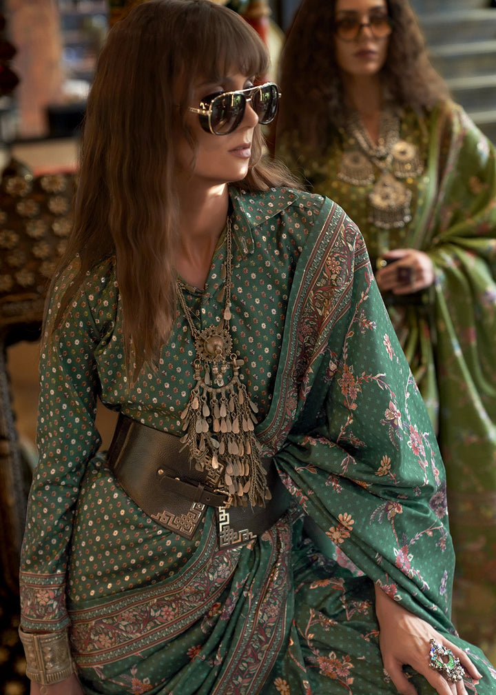 Sea Green Silk Saree with All-Over Floral Design