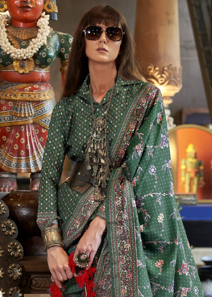 Sea Green Silk Saree with All-Over Floral Design