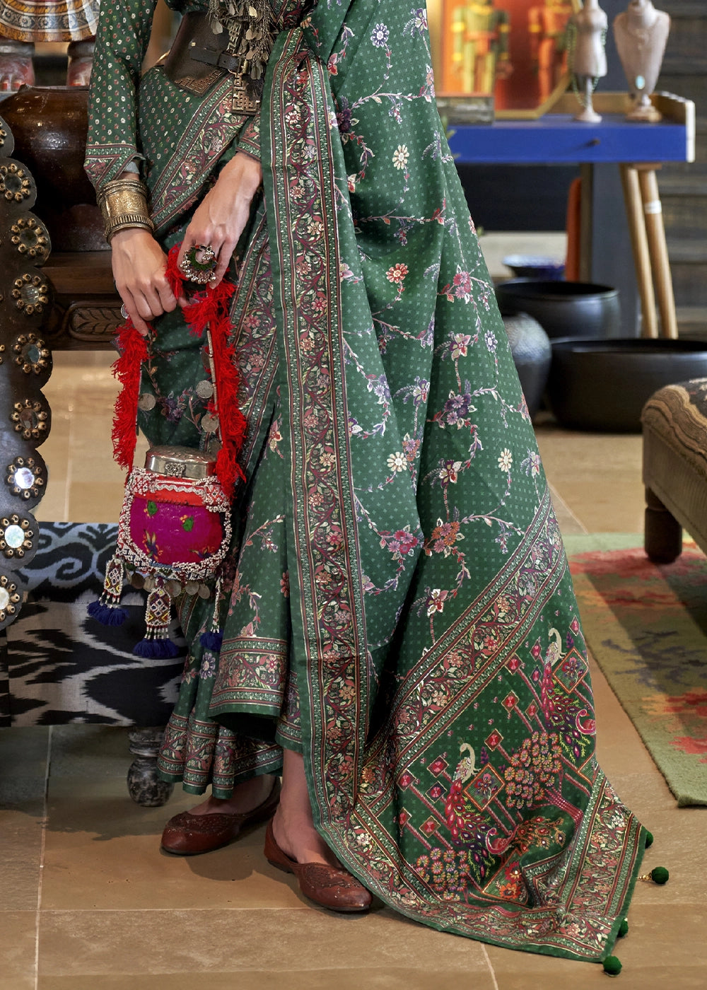 Sea Green Silk Saree with All-Over Floral Design