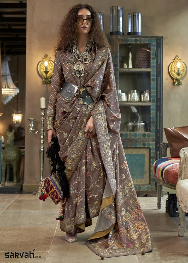 Taupe Brown Silk Saree with All-Over Floral Design