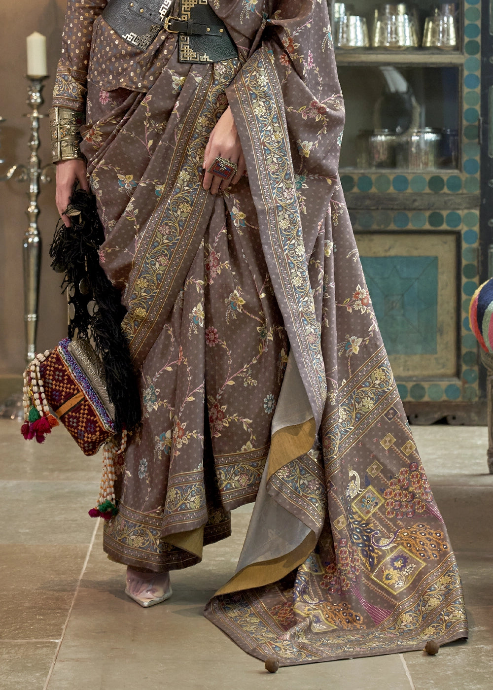 Taupe Brown Silk Saree with All-Over Floral Design