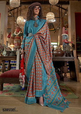 Cerulean Blue Silk Saree with Traditional Double Ikat Print