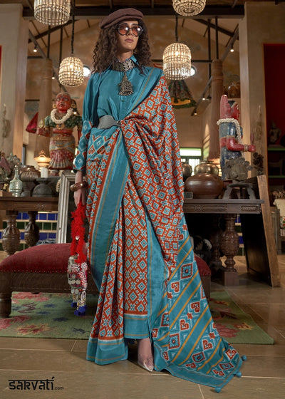 Cerulean Blue Silk Saree with Traditional Double Ikat Print