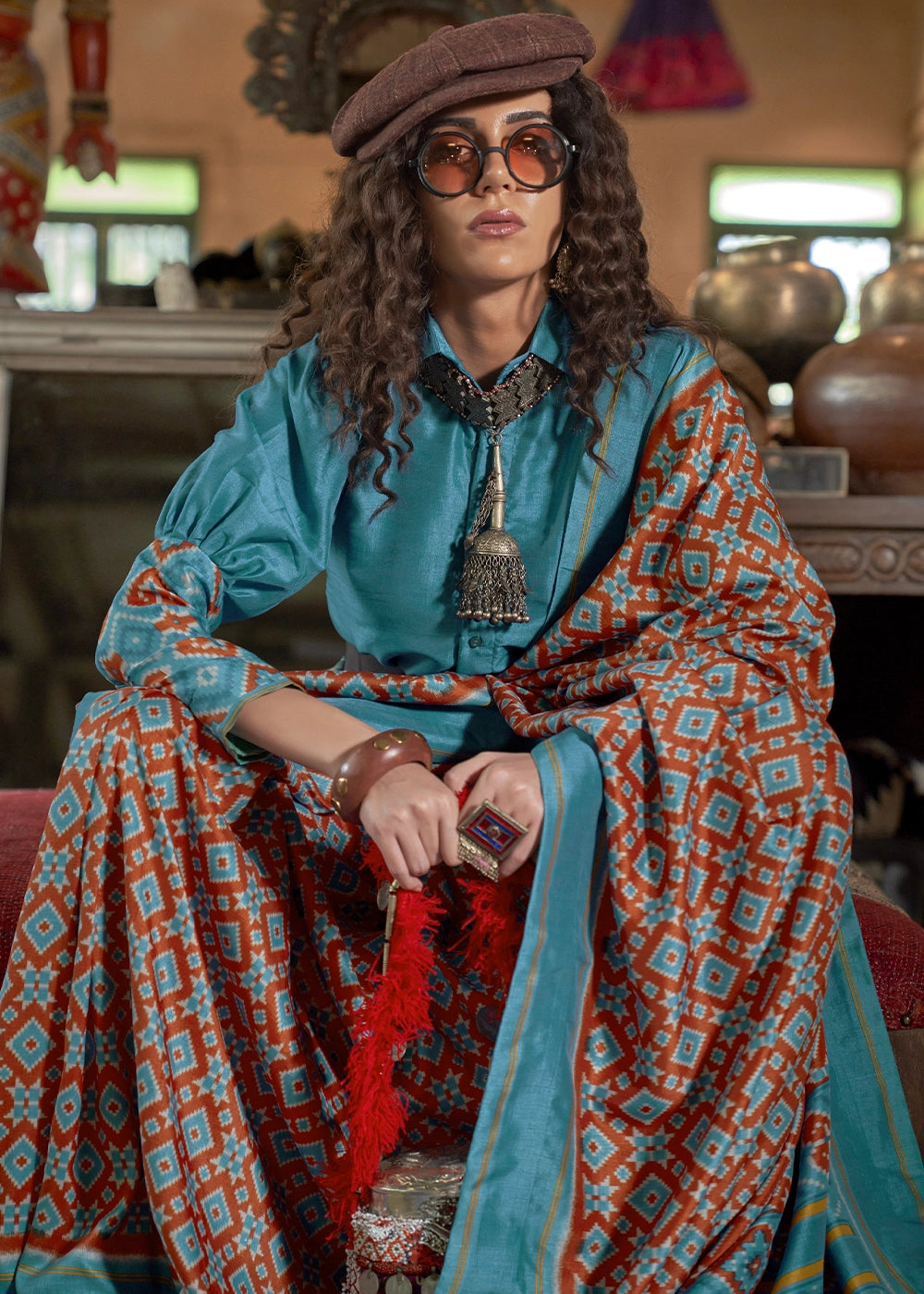 Cerulean Blue Silk Saree with Traditional Double Ikat Print