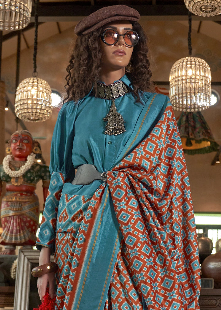 Cerulean Blue Silk Saree with Traditional Double Ikat Print